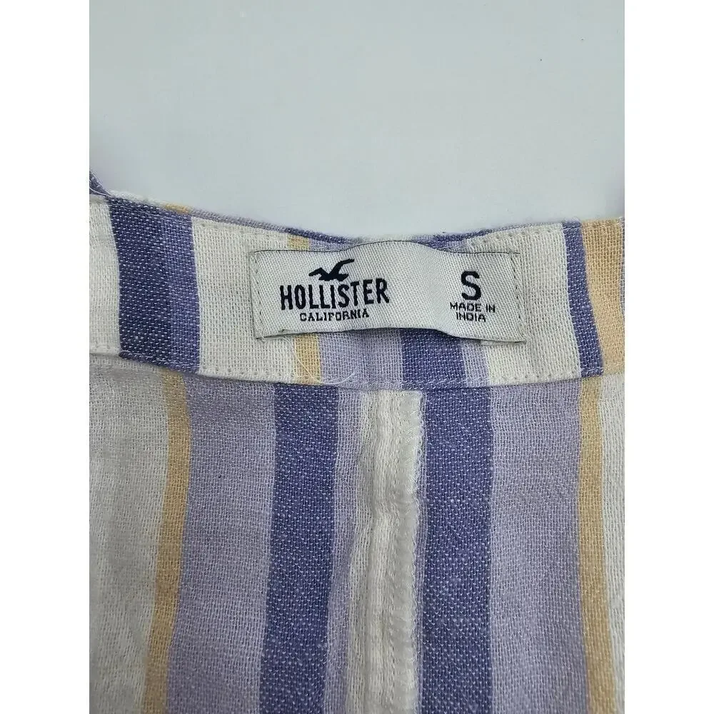 Hollister Women's S Purple and White Linen Overall Cuffed Shorts